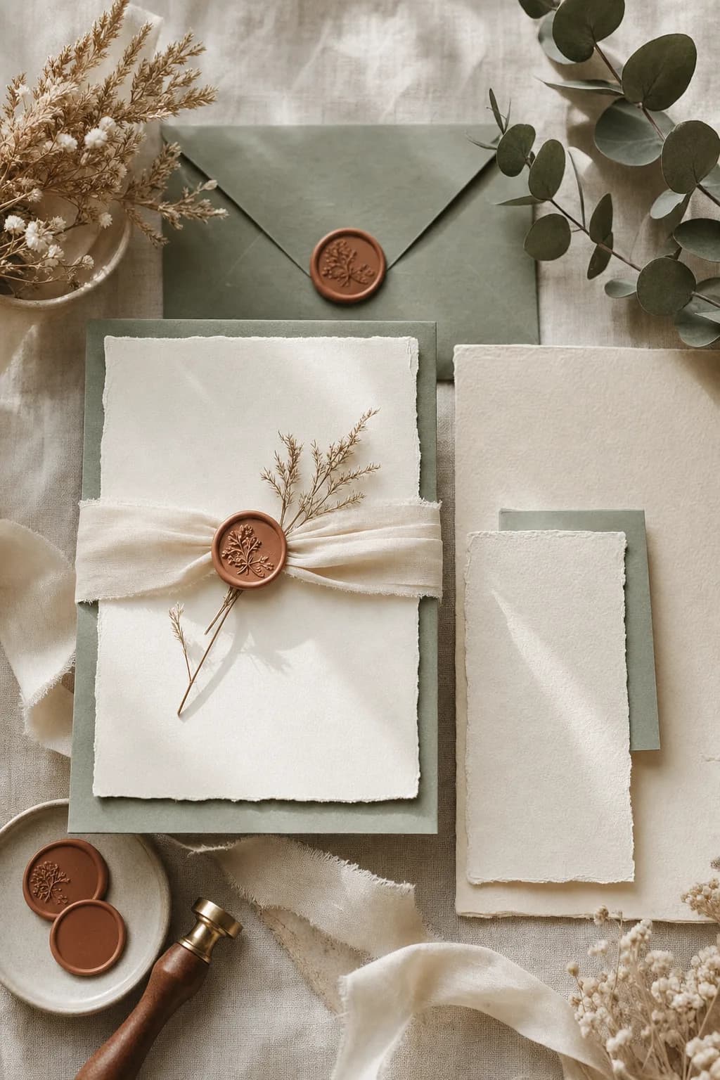 A wedding invitation suite with sage envelopes and terracotta wax seals