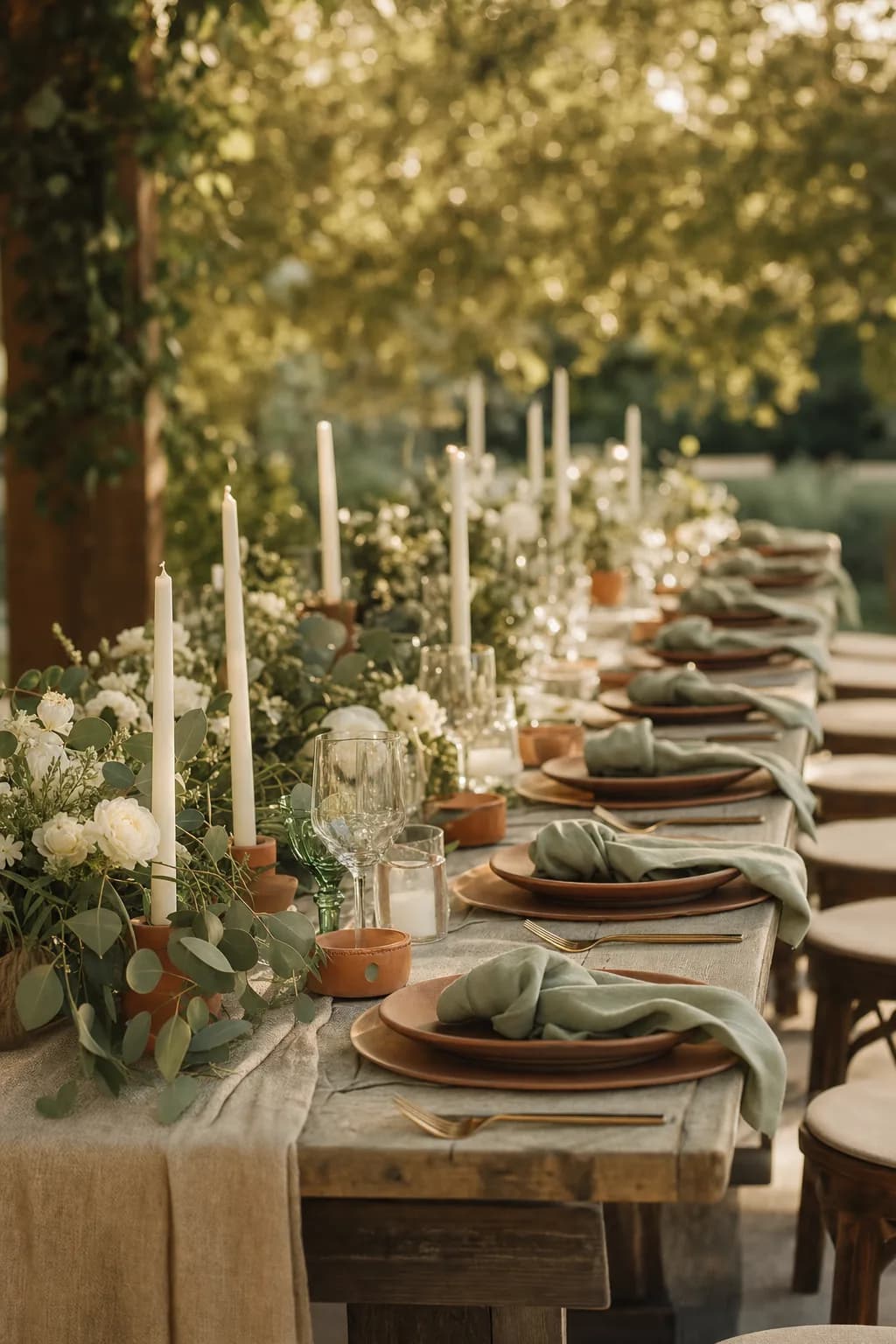 A candlelit garden wedding reception table at golden hour